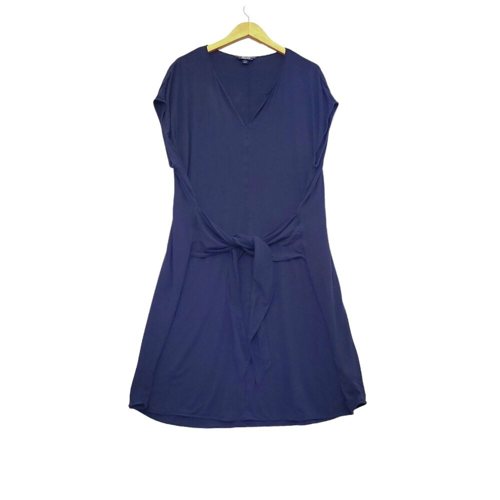 Lands End Midi Dress Size 3X‎ Jersey Tie Waist Navy Sleeveless Split V Neck